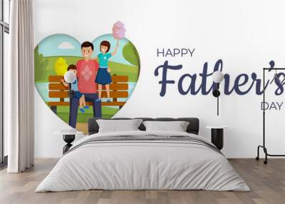 Happy father day vector banner template. Smiling son and daughter sitting on bench in park with daddy cartoon characters. Happy family eating sweet cotton candy flat illustration with typography Wall mural