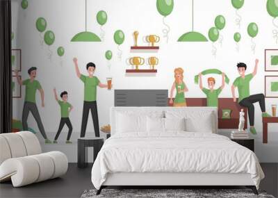 Happy smiling group of people in green t-shirts Watching match on TV vector flat illustration. Friends drinking beer and eating snacks at home party. Women and men spending time together. Wall mural