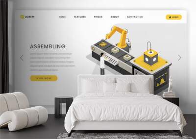 Manufacturing, constructing process landing page template. Hardware engineers monitoring autonomous manufacture vector isometric illustration. Modern, futuristic factory, research centre website Wall mural