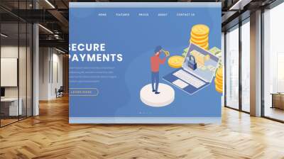 Payments security landing page vector template. Cash account access, online banking webpage, website design layout with isometric illustrations. Man entering personal password 3d character Wall mural