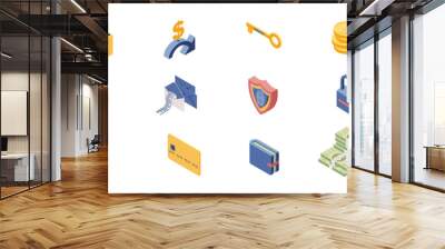 Private account access icons isometric set. Online banking, security system items isolated on white background. Money, safe locks, transactions, information protection 3d illustrations pack Wall mural