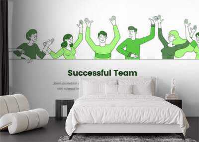 Successful team web banner vector template. Business company, corporate team building website landing page concept. Happy colleagues, office workers outline illustration with text space Wall mural