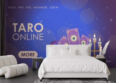 Taro online vector flat landing page template with text. Table with candles, pen, ink, magic crystal ball for predictions, and witchcraft taro cards with sun sign. Esoteric, occult session concept. Wall mural