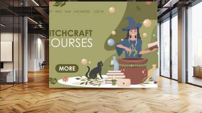 Witchcraft courses vector flat landing page template with text space. Happy smiling woman in witch hat and blue dress preparing magic poison using book. Occult science website template. Wall mural