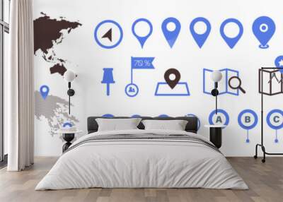 Set of map pin icons with world map. location pin sign. Mapping icon collection. Geolocation map path distance. Wall mural