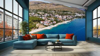 View of the sea coast in the town of Trogir. Beach and yachts in the Adriatic Sea. Mountains in the background. Dalmatia. Croatia. Europe Wall mural