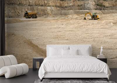 Excavator and large yellow truck in a stone quarry Wall mural