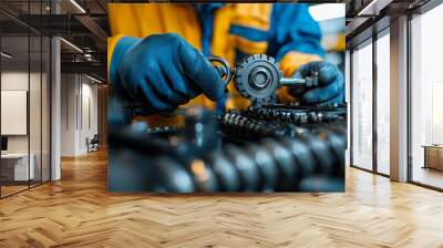 A worker assembles machinery components in a workshop setting Wall mural