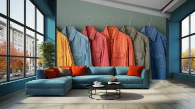 Different colors Shirts Displayed on Hangers Wall mural