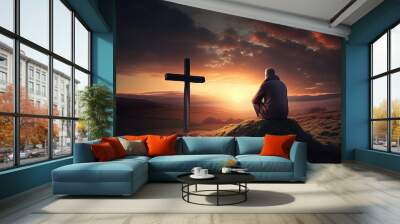 Man near cross. Christian and faith. AI Generated Wall mural