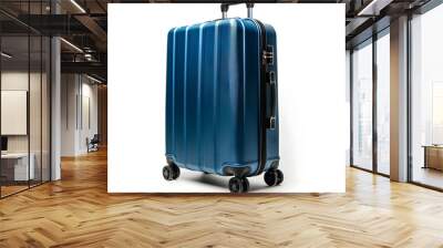 Sleek blue suitcase with four wheels for easy travel convenience on display Wall mural