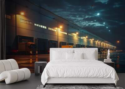 Trucks parked outside a logistics warehouse on a rainy night with glowing lights and cloudy skies Wall mural