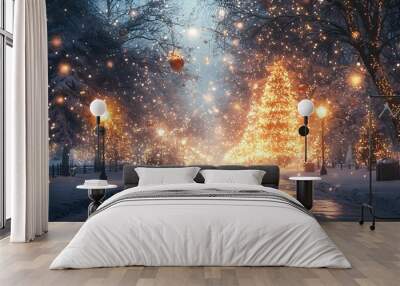 Winter wonderland with sparkling lights in a snowy park at night Wall mural