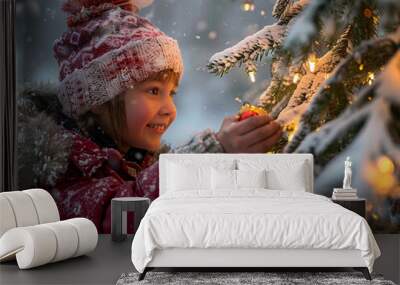 Young Girl Decorating a Snowy Christmas Tree With Lights Wall mural