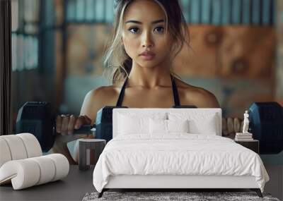 Young woman lifting dumbbells in a gym setting showcasing strength and determination during a workout routine Wall mural