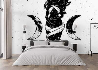 Beautiful pregnant woman figure, symbol of triple goddess, moon phases. Hekate, mythology, wicca, witchcraft. Vector illustration Wall mural