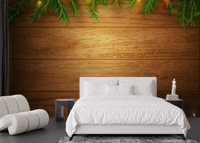 Christmas background with pine tree branches and colorful lights on wood, vector illustration Wall mural