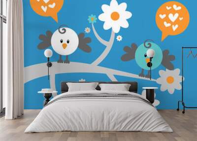 greeting card with two cute birds on tree Wall mural