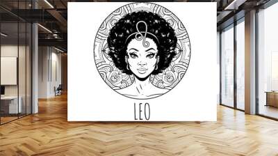 Leo zodiac sign artwork, adult coloring book page, beautiful horoscope symbol girl, vector illustration Wall mural