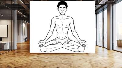 Young meditating yogi man in lotus pose isolated on white. Beautiful black African American boy. Vector illustration Wall mural