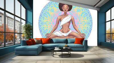 Young meditating yogi woman in lotus pose on mandala background. Beautiful black African American girl. Vector illustration Wall mural