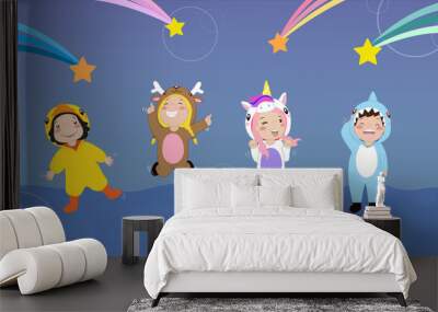 Vector illustration set, children in pajamas party. Wall mural