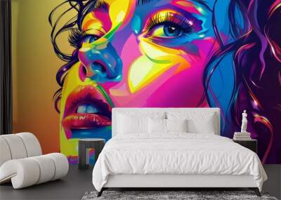 A colorful portrait of a woman with bright colors and a gradient background Wall mural