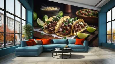 Carne asada mexican street tacos on dark background. Copy space for ad, banner menu recipe. Wall mural