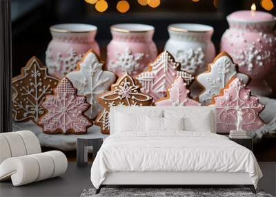 christmas gingerbread cookies with icing on white plate Wall mural