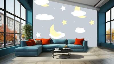 Cute clouds, moon and stars with faces. Cartoon repeat seamless pattern for kids or baby shower. Vector illustration on pastel background. Best for kids, girl or boy. Wall mural