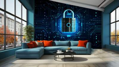 Digital padlock for computing system on dark blue background, cyber security technology for fraud prevention and privacy data network protection concept, top view, generative ai Wall mural