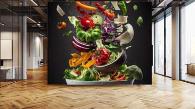 Dynamic shot of fresh salad, vegetables fall into a porcelain bowl. Wall mural