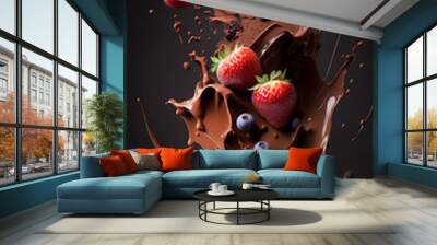 Fruits fall into the chocolate causing splash. Illustration of delicious milk chocolate dessert with the addition of blackberries, berries and strawberries. Advertising shot. Food style. Generative AI Wall mural