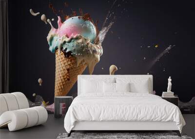 Ice cream in a cone on a dark background. Illustration of dessert and splash of chocolate, fruit, topping. The whole thing is sprinkled with fruit and sprinkles. Food style photography. Generative AI. Wall mural