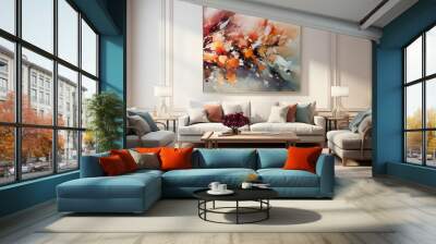 Large spacious living room in modern style with sofa armchairs. Large French windows on the sides. Big painting canva hanging on the wall that can serve as mockup frame for displaying graphics. Wall mural