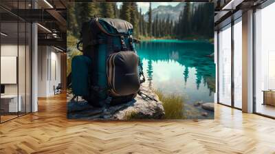 Professional travel backpack stands on the ground. Forest by the lake in the background. Sunny day. Advertising illustration. Template for the service. Banner with copy space. Wall mural