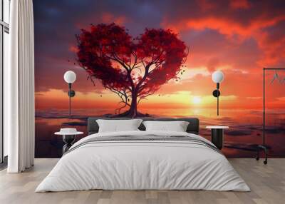 Red heart shaped tree at sunset, valentine's day template banner, seasonal wallpaper, generative ai Wall mural