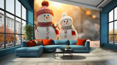 Winter holiday christmas background banner. Closeup of happy to snowmans in a red scarf and hat. Magic spruce forest in the snow. Sunny light backdrop. Generative AI. Wall mural