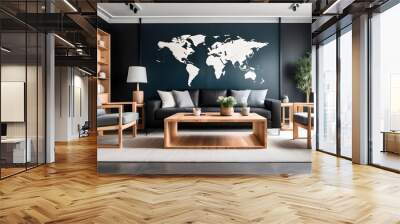 Cubic wooden coffee table between Black sofa and armchairs. Scandinavian style home interior design of modern living room.	
Ocean colour walls. World map on the wall. bamboo furnitures.  Wall mural