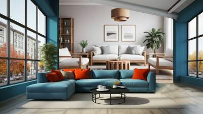 Cubic wooden coffee table between white sofa and armchairs. Scandinavian style home interior design of modern living room.  Wall mural