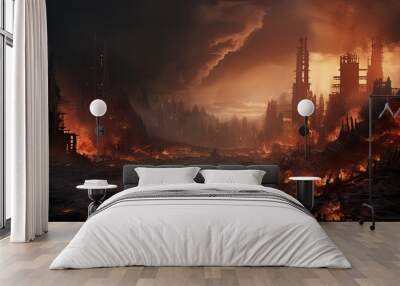 the destroyed city with smoke in the background, apocalypse art Wall mural