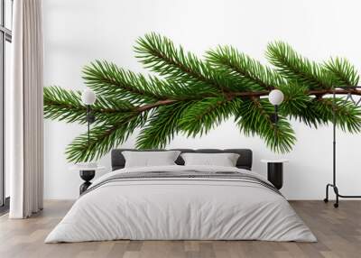 Close-up of a green pine branch with needles, isolated on a white background, perfect for holiday and winter-themed designs. Wall mural