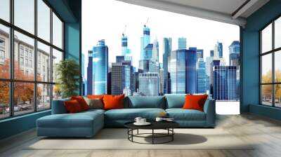 Modern city skyline featuring tall skyscrapers and urban architecture, reflecting a blend of contemporary design and vibrant city life. Wall mural