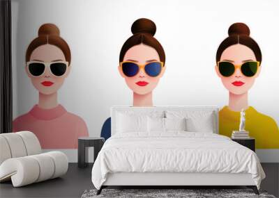 Trendy illustration of three women wearing colorful outfits and sunglasses, perfect for fashion and lifestyle themes. Wall mural