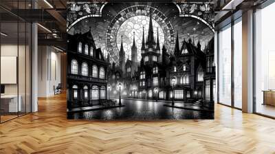 B&W Stained glass Victorian town Wall mural