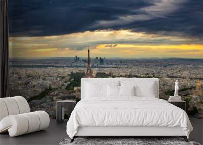 Aerial sunset ultra panorama of Paris with Eiffel Tower, France Wall mural