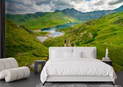 Beautiful landscape Snowdon National Park in North Wales overlooking Llyn Llydaw lake  Wall mural