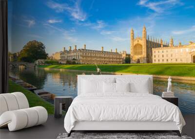 Beautiful view of college in Cambridge with people punting on river cam Wall mural