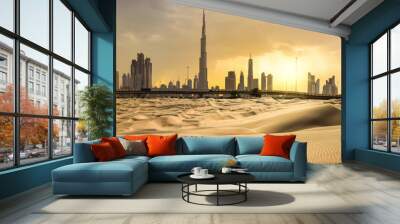 Dubai downtown skyline panorama at sunset with desert sand, United Arab Emirates Wall mural