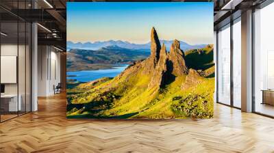 Old Man of Storr rock formation in morning sunlight, Isle of Skye, Scotland Wall mural